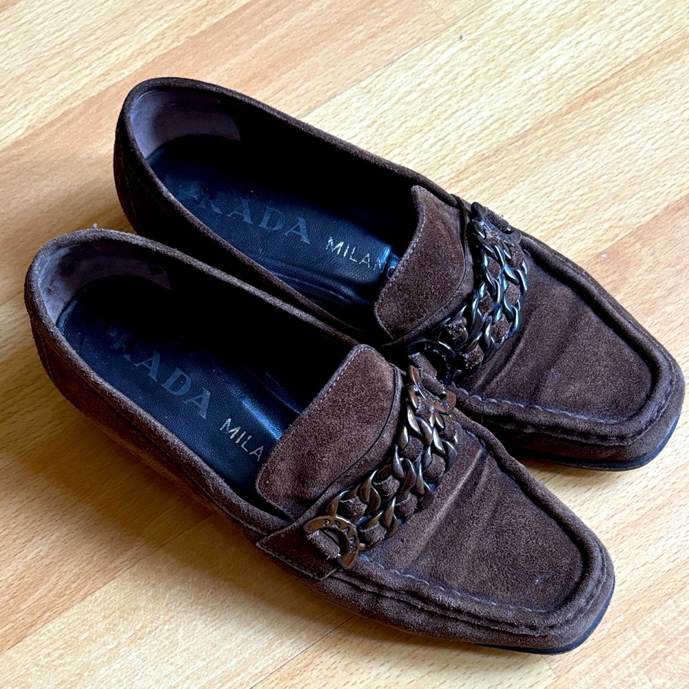 Prada woman’s Dark Brown Suede Slip-Ons. Made in Italy. Authentic. Size 34.5